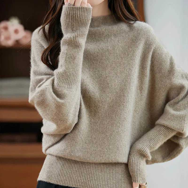 Women's Sweaters One-Neck Sweater Women's Clothes 100% Merino Wool Fashion Loose Pullover Women's Autumn and Winter Threaded Knit Top