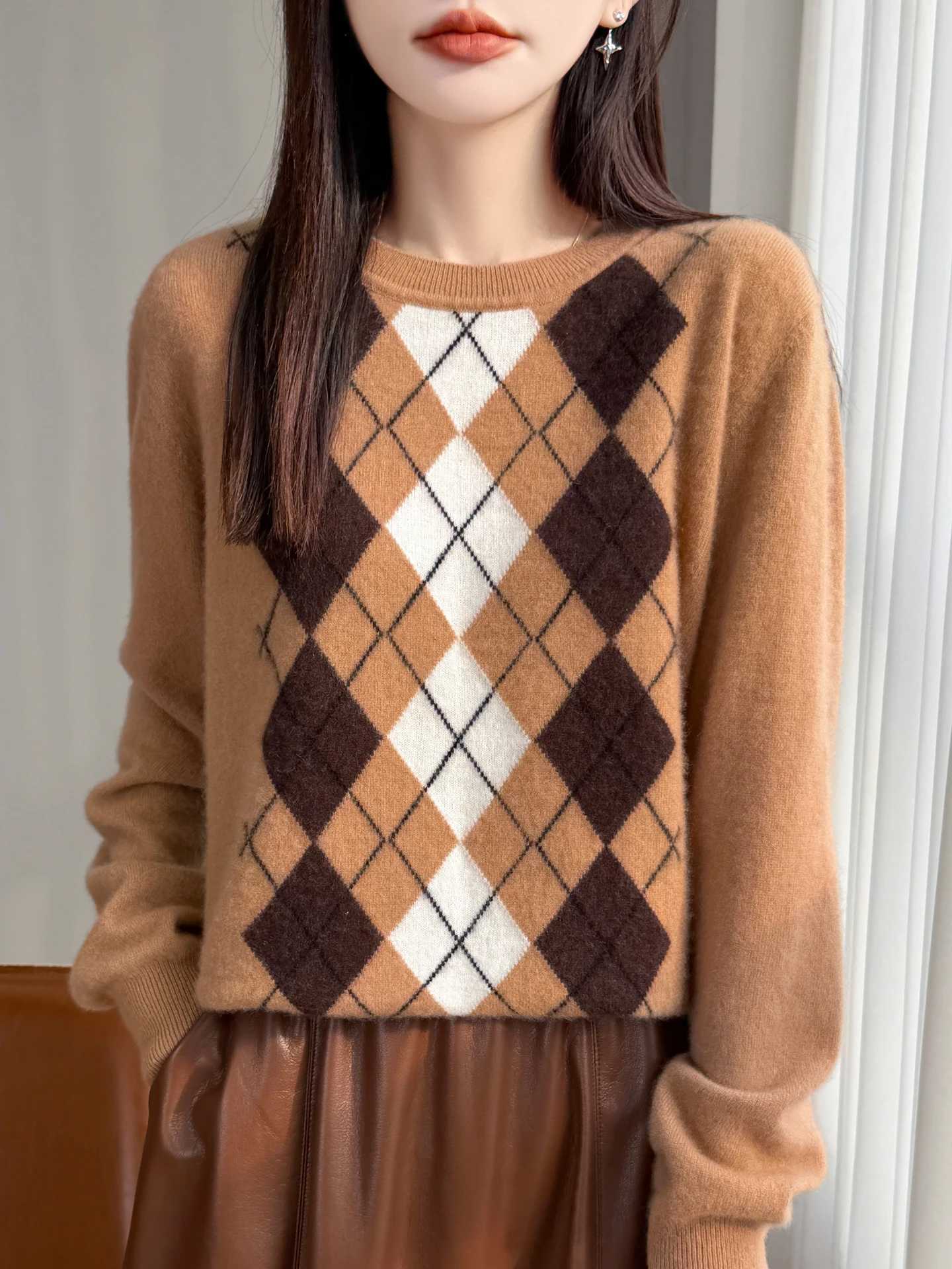 Women's Sweaters TLOML Chic Women's 100% Merino Wool Knitwear O-Neck Argyle Pullover Sweater Autumn Winter Basic Soft Warm Female Clothing