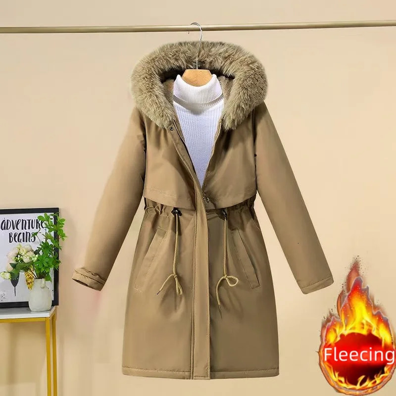 Winter Women Clothes Wool Liner Jacket Casual Thick Parka Fur Collar Long Coat Warm Hooded Snow Wear Padded Solid Colour Jackets 260920