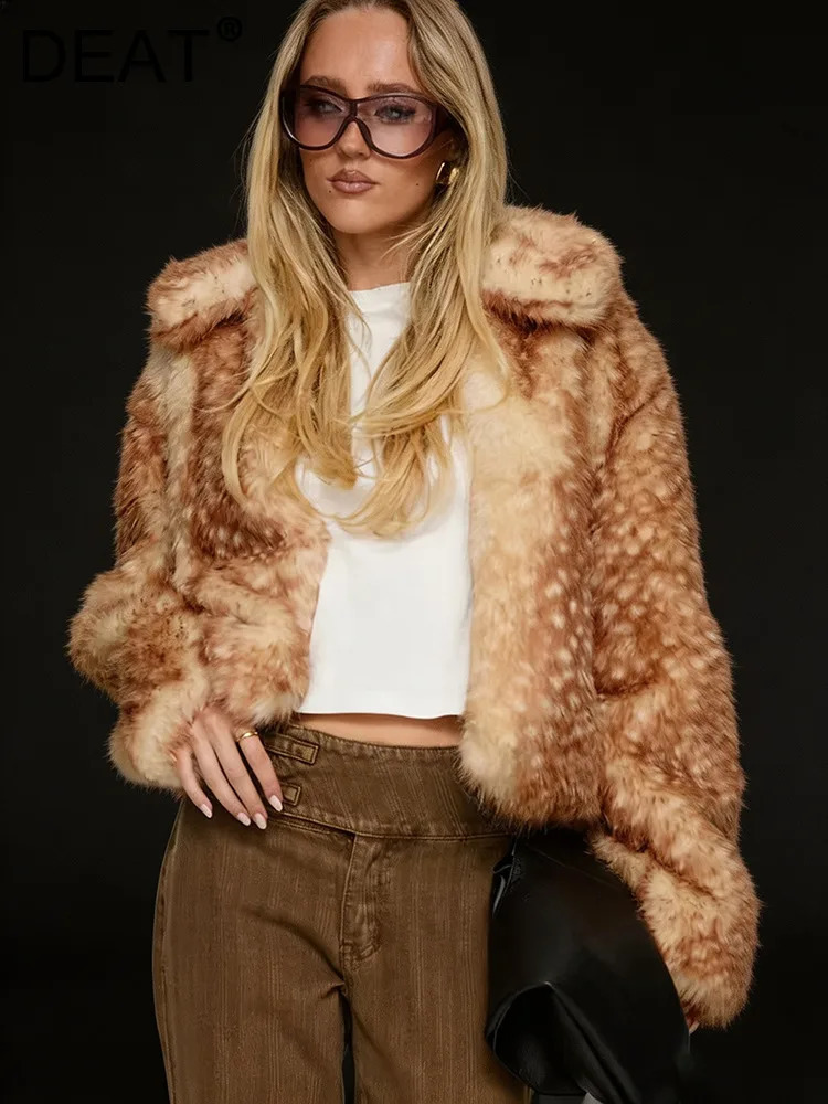 DEAT Fashion Wide Lapel Deerspot Print Faux Fur Womens Long Sleeve Zipper Cropped Thick Coats Autumn 7A6055 260923