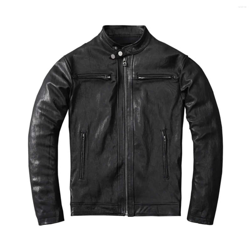 Vegetable Tanned Sheepskin Genuine Leather Jacket For Men Short Style Stand Up Collar Slim Fit
