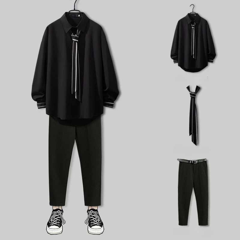 2026 New Spring Design Handsome Japanese Preppy Style Pant Suit Two Pieces Solid Pants + Shirt Set Men T260924