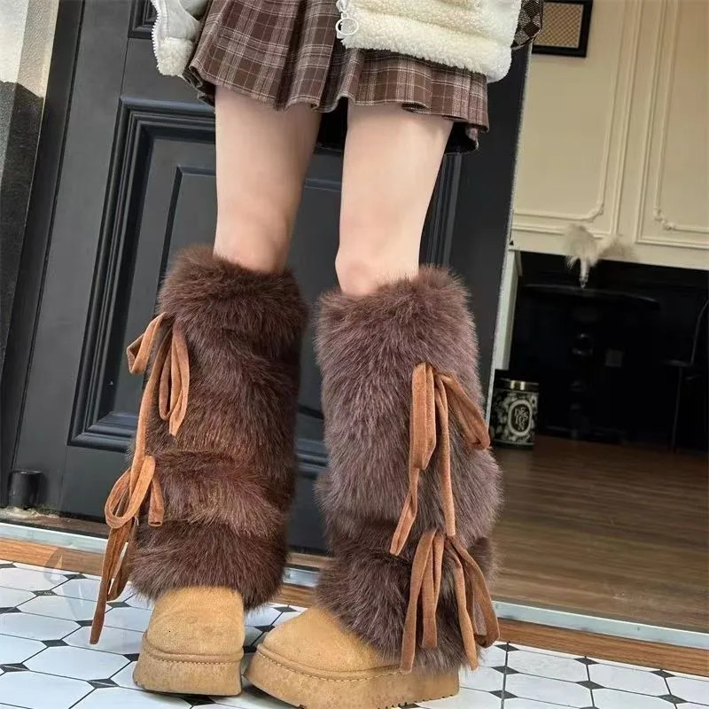 Autumn and winter hairy leg cover y2k bow strap medium tube spice girl fur plush socks snow cover warm and thin 260923