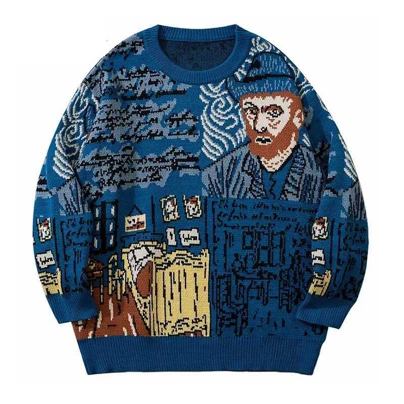 Autumn Men's Sweaters Men High Street Knitted Sweater Van Gogh Graffiti Print Sweaters Cotton Harajuku Loose Padded Pullover Women Streetwear C