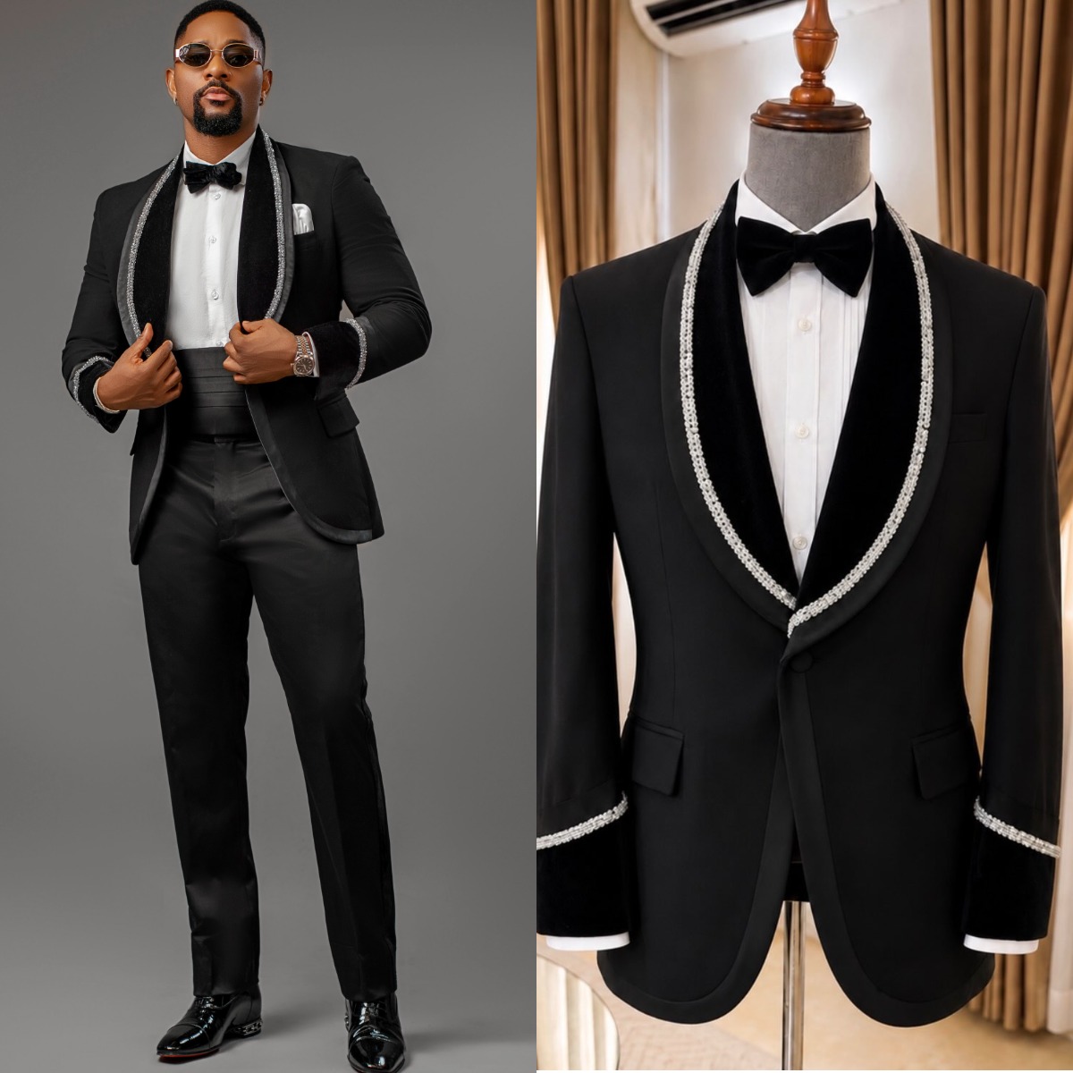 Modern Crystals Men's Suits One Button Shawl Lapel Prom Blazers 2 Pieces Classic Fit Grrom Wedding Tuxedos Customized