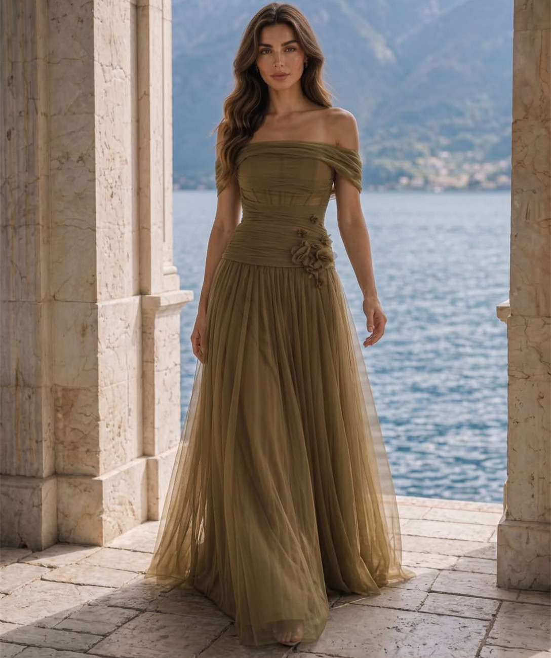Vintage Long Tulle Evening Dresses with Flower A-Line Bateau Neck Zipper Back Pleated Prom Dresses Floor Length Robe De Soiree Formal Party Gown for