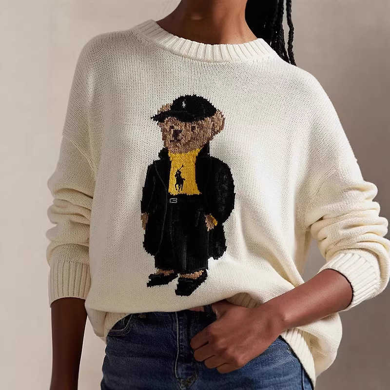 2025 autumn and winter new women's bear embroidered slim-fit sweater American college style knitwear L26924
