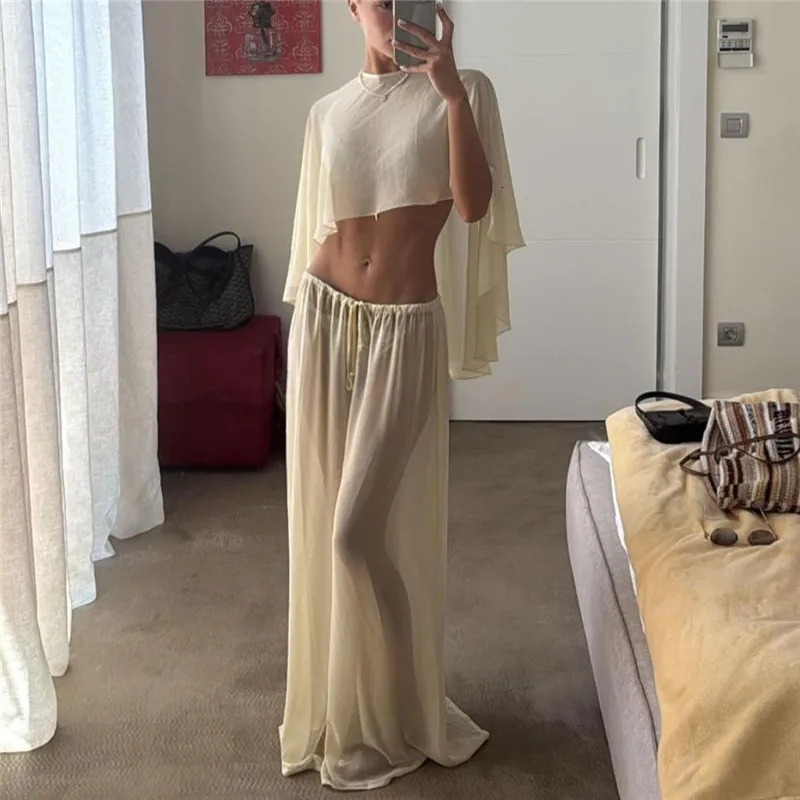Beach Cover Up 2Pcs Set Sheer Cape Sleeve Cropped Top Elastic Drawstring Wide Leg Pants Women Summer Vacation Matching Outfit 260923