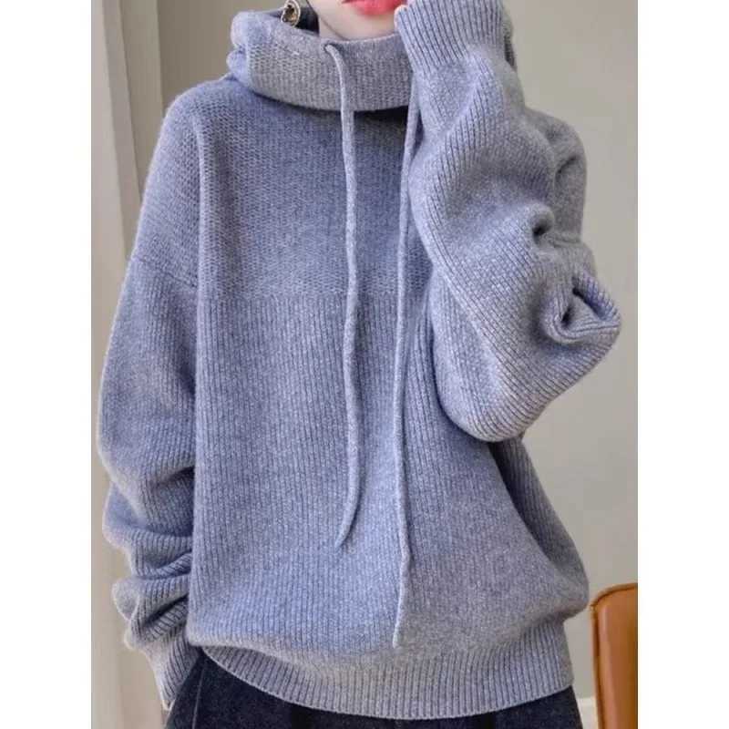 Women's Sweaters New 100% Wool Hooded Knit Sweater for Women Loose Fit Long Sleeve Cozy Tops Slimming Casual Pullovers H260923