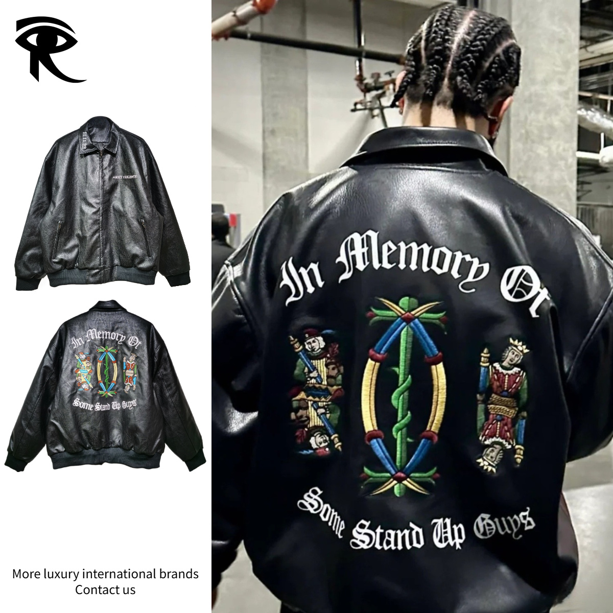 Unisex American Retro Embroidered Leather Biker Jacket Oversized Hip Hop Celebrity Style Graphic Bomber Coat for Men Women Vintage Biker Jacket