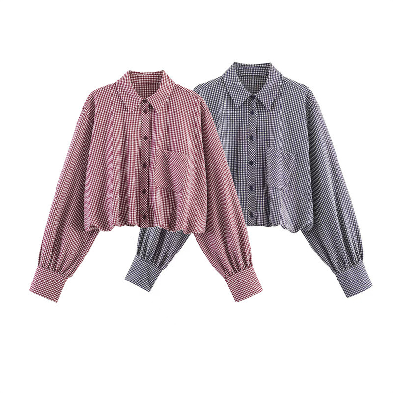 Women's European Style Spring Fashion Casual Loose Small Plaid Balloon Shirt Blouse