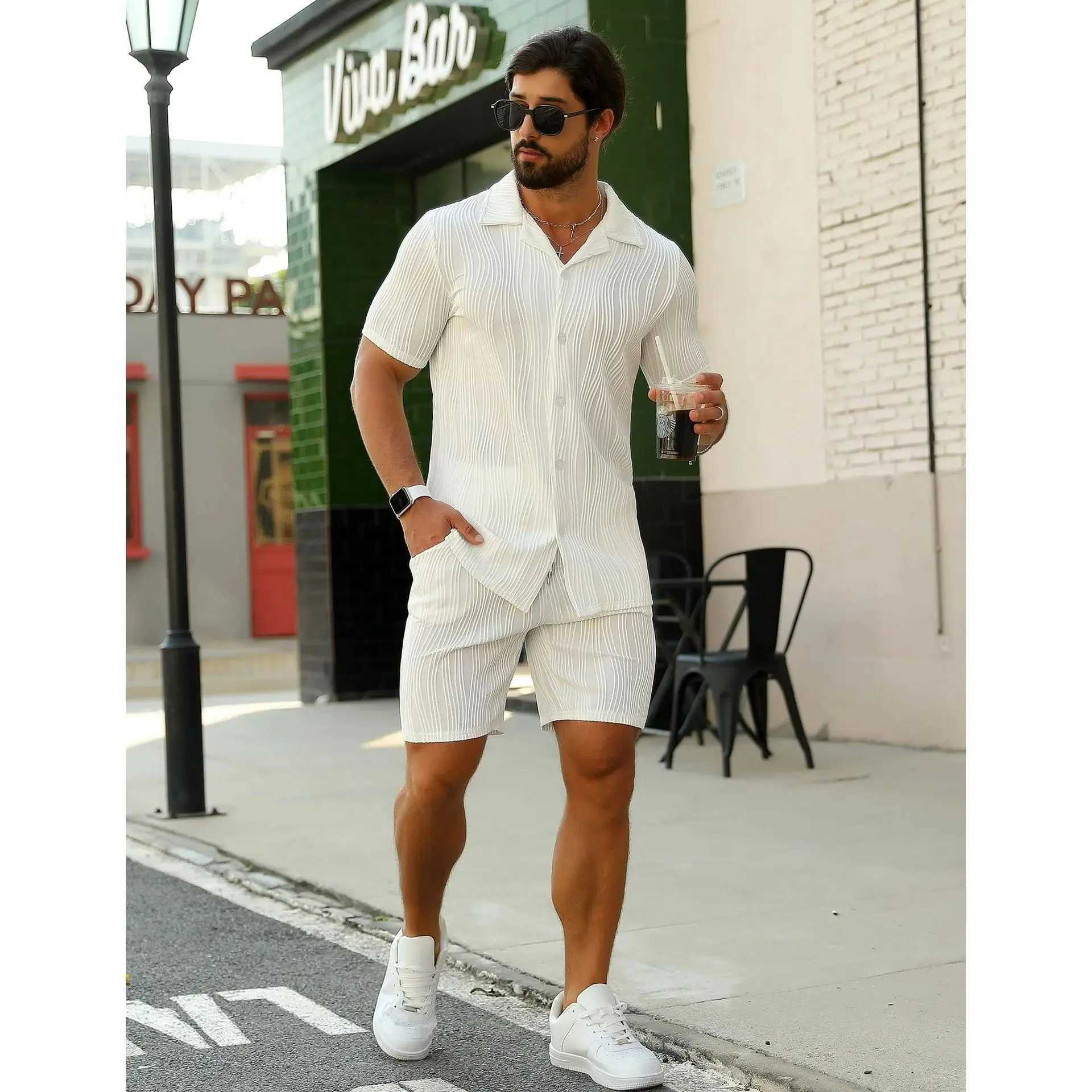 2025 Summer New Men's casual daily outdoor travel solid color jacquard lapel short-sleeved Shirt drawstring Shorts two-piece Set T260924