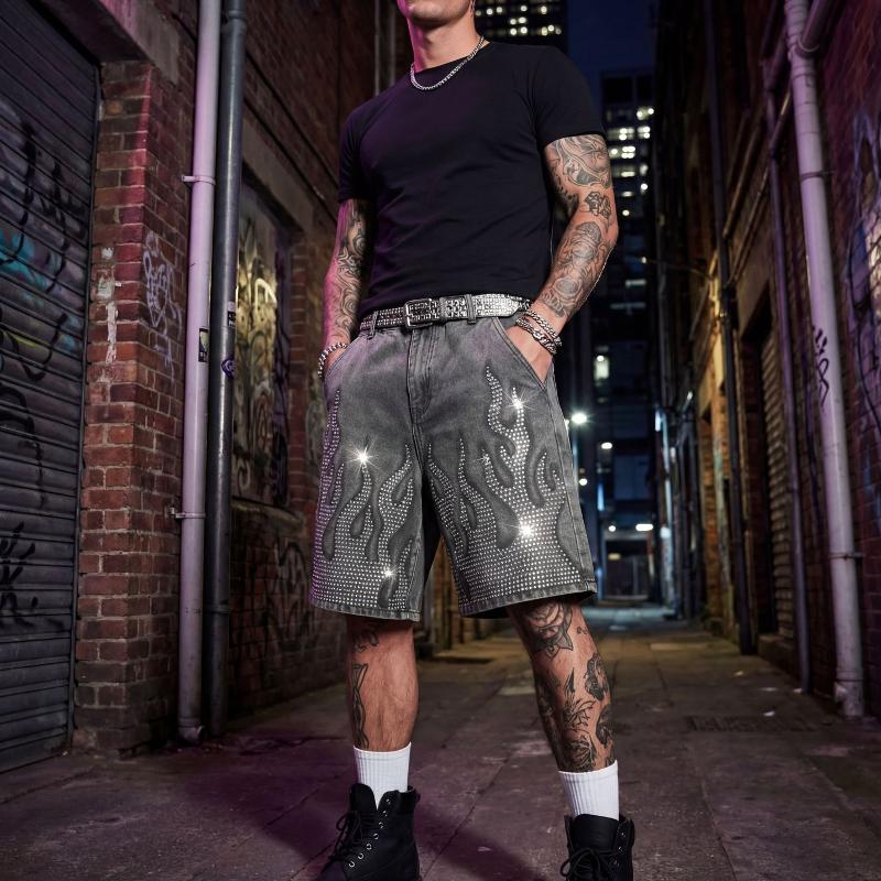 Bermuda en denim gris délavé vintage pour hommes motif de flamme en strass scintillant taille moyenne coupe droite ample short streetwear décontr