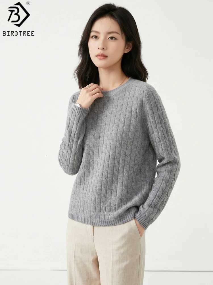 Women's Sweaters Birdtree 100% Sheep Wool Solid Sweater Full Sleeve O-neck Tops Women Knitted Warmth Seamless Shirt 2026 Autumn New T68623JF H2