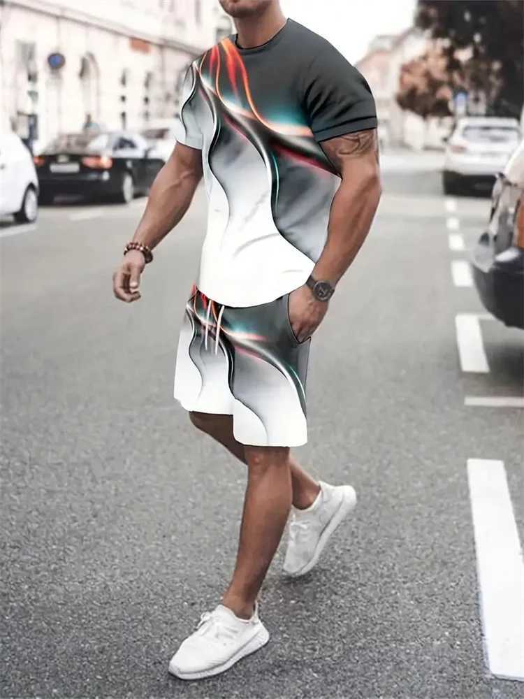 New Gradient Texture T-Shirt Men's Two-Piece Summer New Shorts Suit Fashion 3D Printing Street Casual Sportswear Men's Models T260924