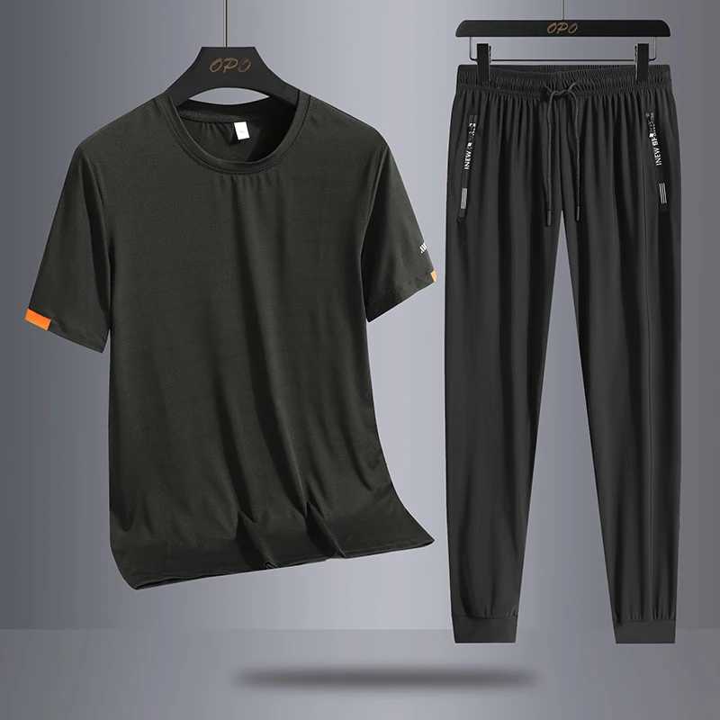 2024 Summer Ice Silk Short Sleeve Long Pants Quick Drying Sports Set Men's Loose Fashion Two Piece New Style T260924