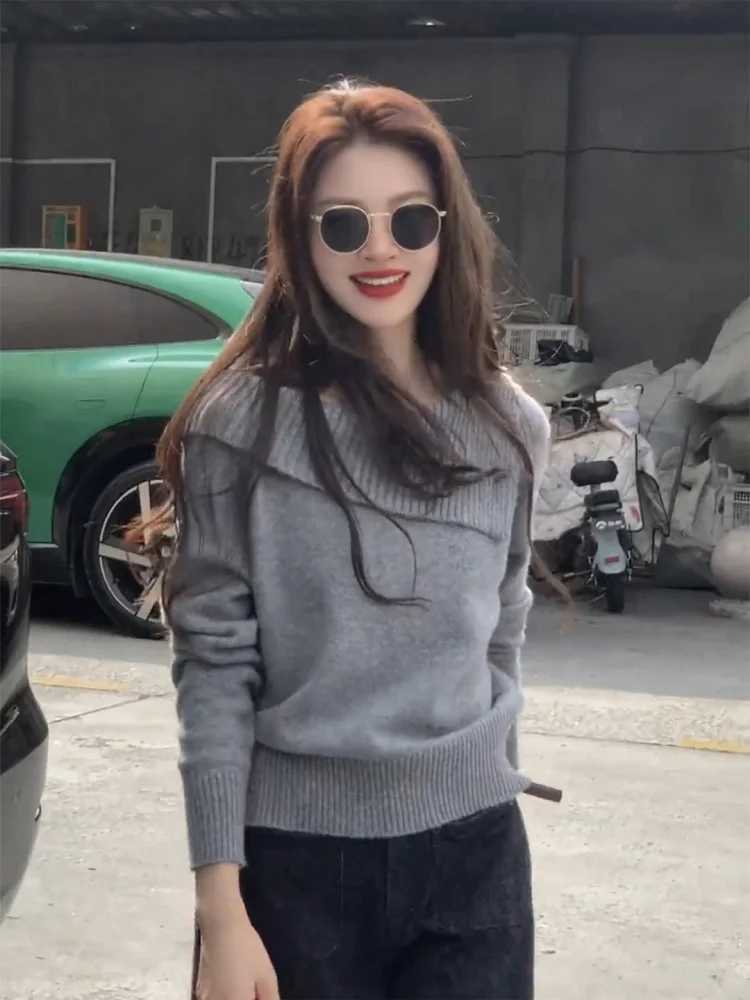 Women's Sweaters Korean Style Grey One-Shoulder Knitted Base Shirt Women's Autumn Winter Design Beautiful Sweater Innerwear Asymmetrical T