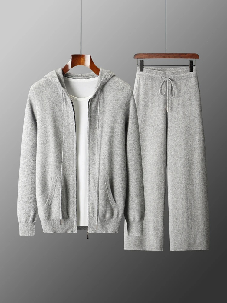 Men's Two-piece Sets 100% Merino Wool Knitting Hooded Collar Cardigan and Wide-leg Pant Autumn Winter Thickened Warm Clothing 260923