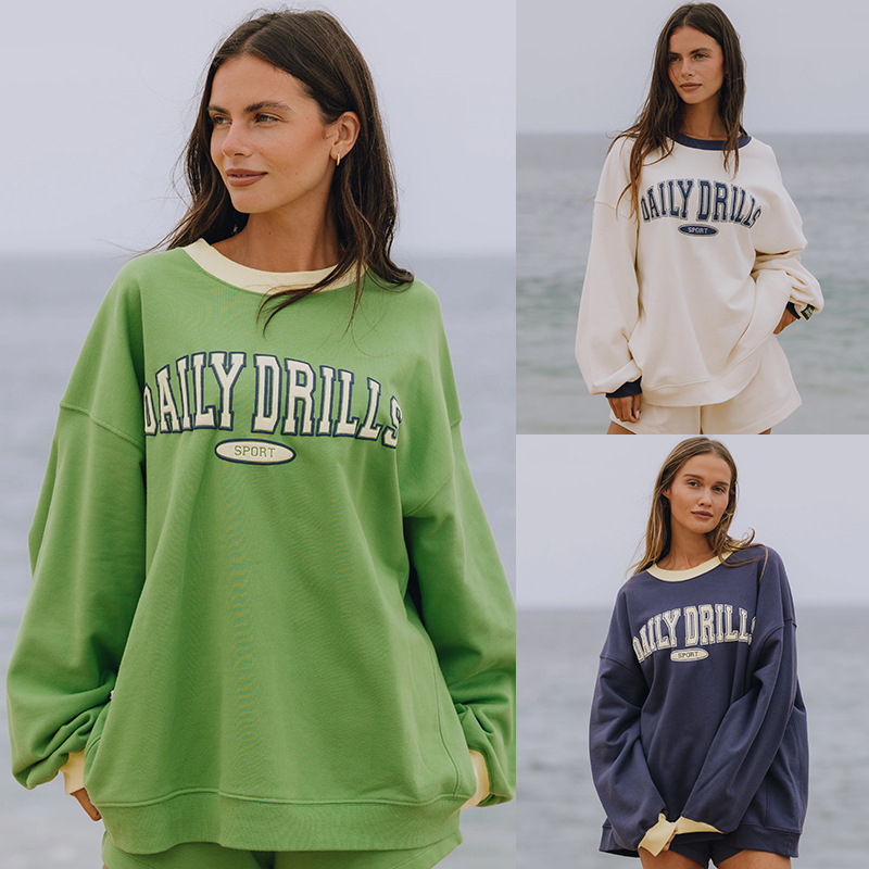 DAILY DRILLS Top Designer Sweat à capuche en coton Nouvelle niche Lettre Mousse Imprimer Lâche Bloc de couleur O-Cou Femmes Casual Polyvalent Amp
