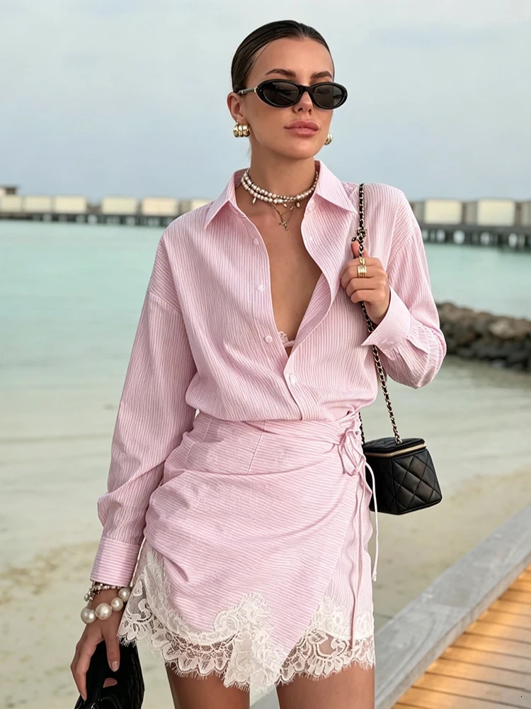 Fashion Striped 2 Piece Outfit Women Long Sleeve Shirt Wrap Lace Mini Skirt 2026 Summer Lady Beach Vacation in Matching Sets 260923