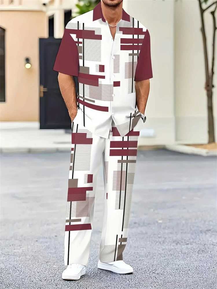 2025 Autumn Geometric Color Block Printed Short-sleeved Set 2pcs Daily Casual And Loose Men's Shirt Set Casual And Fashionable T260924