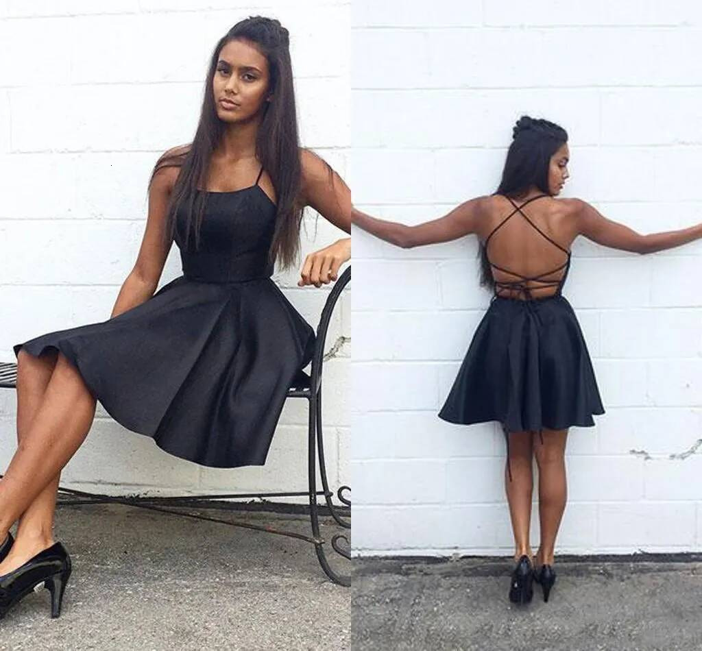 Sexy Criss Cross Back Black Cocktail Spaghetti Straps Satin Homecoming Party Gowns Backless Short Prom Dresses