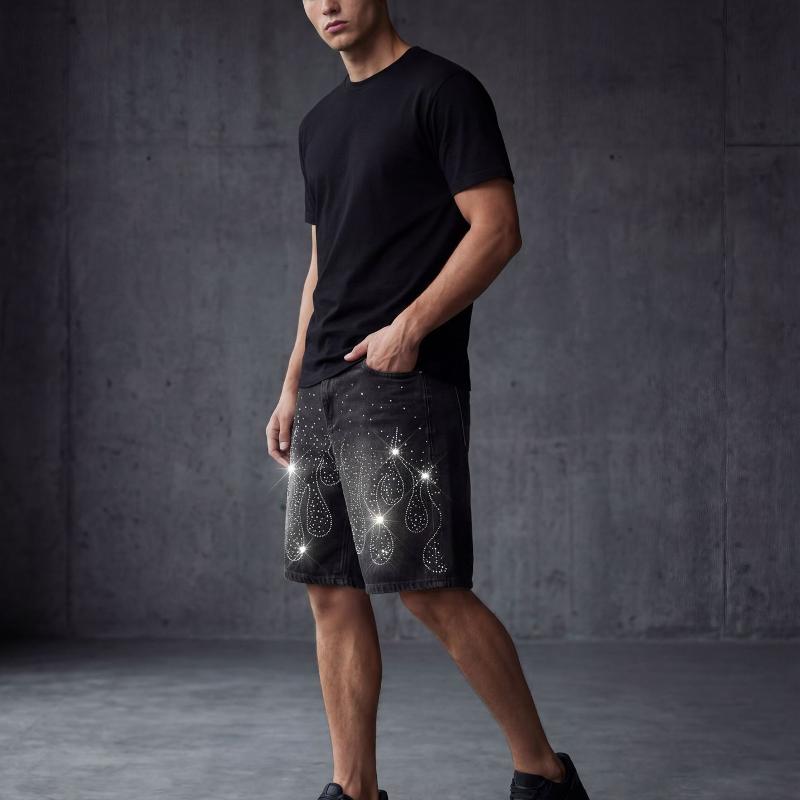 Men Flame Rhinestone Vintage Washed Denim Shorts High Waist Button Zip Fly Loose Casual Streetwear Bermuda Jean Shorts Classic Belt Loops