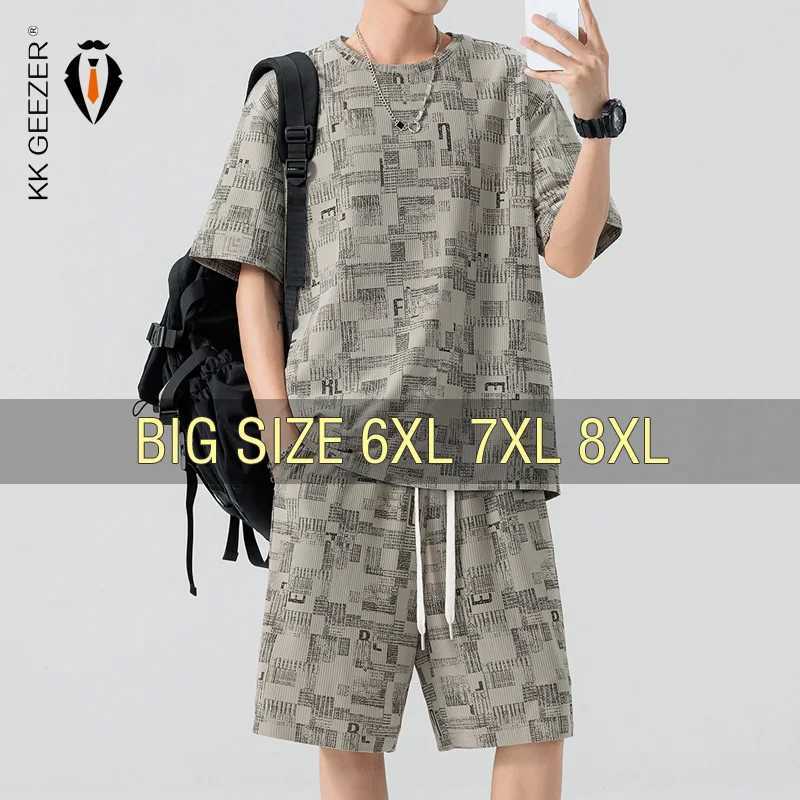 Men T Shirt Suit Graphic Shorts Set Thin Summer Elastic Oversized 6XL 7XL 8XL Plus Size Quick Drying T-Shirt Loose Short Sleeve T260924