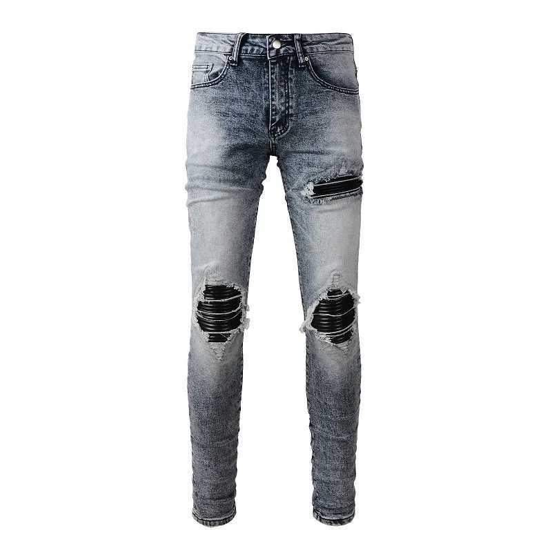 Men's Jeans Vintage Holes Trousers Rivet Patch Slim Skinny Ripped Jeans Casual Trendy Painted Distressed Denim Beggar Pants S26092470ZB