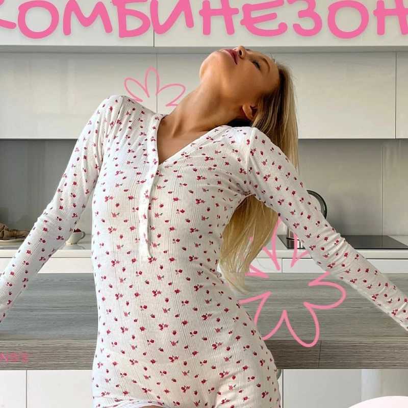 Women's Sleep Lounge Women's Sexy Floral Print Jumpsuit Long-Sleeve V-Neck Onesie Soft Bodysuit Ideal For Sleeping And Lounging Relaxed Fi