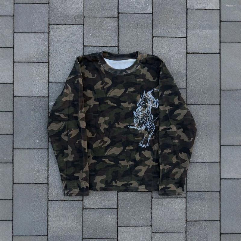 Autumn And Winter High Street Camouflage Men's Women's Waffle Long-Sleeved Distressed Tiger Print Loose T-Shirt
