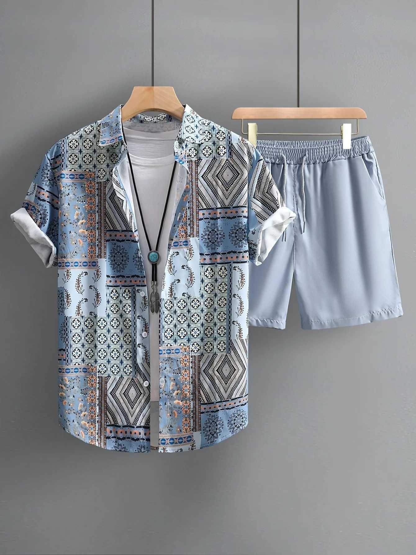 2pcs Fashion Men's Paisley Prints Shorts Shirt Set Drawstring Waist Summer Beachwear Ethnic Floral Printed Asian Size shirt set T260924