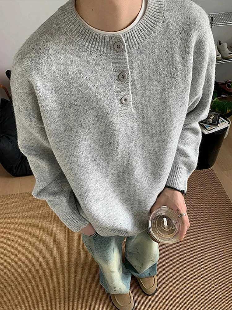Grey Men's Sweaters Retro Henry Collar Sweater Men's Autumn Winter Style Y2K Lazy Pullover High End Knitted Sweater Jacket Clean Fit Knitw