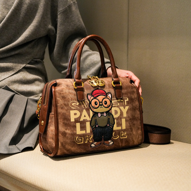 New Cartoon Embroidered Boston For Women Large Capacity Handbag Shoulder Crossbody Bag Commuter Versatile Pillow KABAHEBINGJUE
