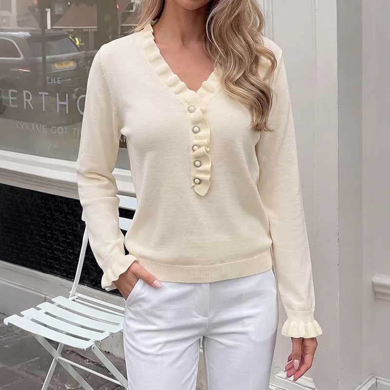 Women's Sweaters Elegant Knit Ruffles Casual Autumn Winter 2026 Women Tops Pullovers Sweaters V Neck Full Sleeve Vintage Jumpers Y2k Streetwear