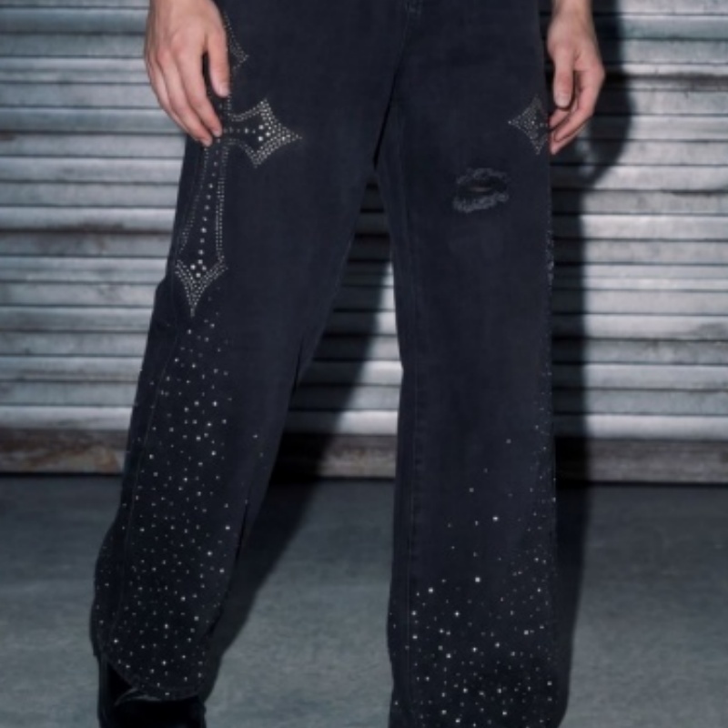 Mens Mid Waist Denim Wide Leg Pants Gradient Sparkling Rhinestone Distressed Ripped Star Studded Jeans Loose Fit Classic Five Pockets Button Clos