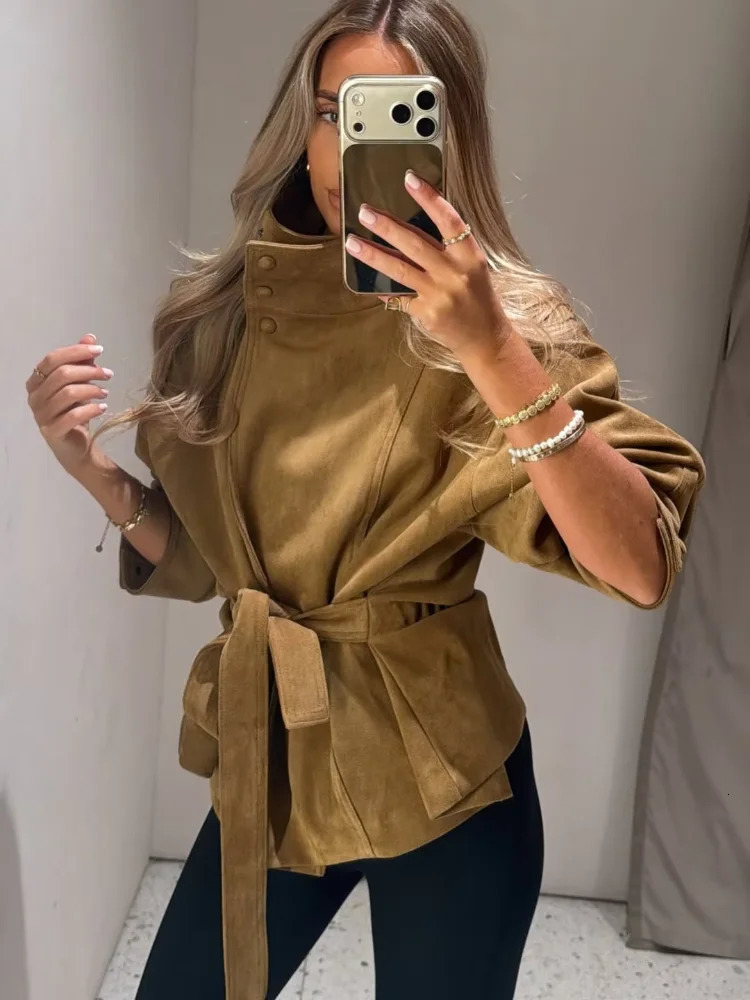 Women Brown Faux Suede Short Jacket Tiewaist Long Sleeve Stand Collar Vintage Streetwear Lady Casual Autumn Winter Outerwear 260923