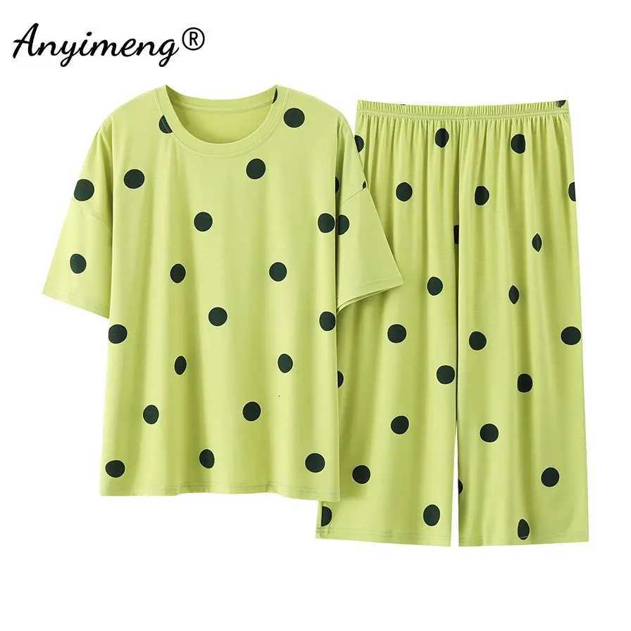 Sleep Lounge Women's Plus Size Women's Capri Pants Pajamas Sets Polka Dot Print Modal Sleepwear for Women Summer Knee-length Pajama Woman