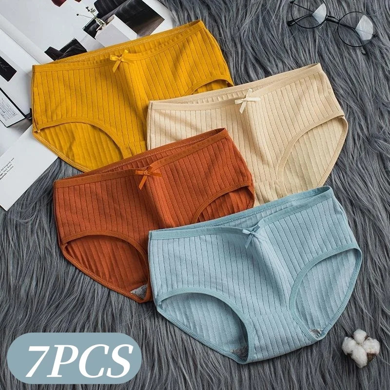 7PcsSet Women Cotton Ribbed Panties MidRise Briefs with Bow Detail Comfort Breathable Underwear Sexy Lingerie Intimates MXL 260923