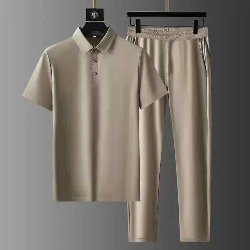 2025 Summer New Fashion Solid Color Comfortable Breathable Sports Suit Men's Business Leisure Loose Size Two-Piece Set M-4XL T260924