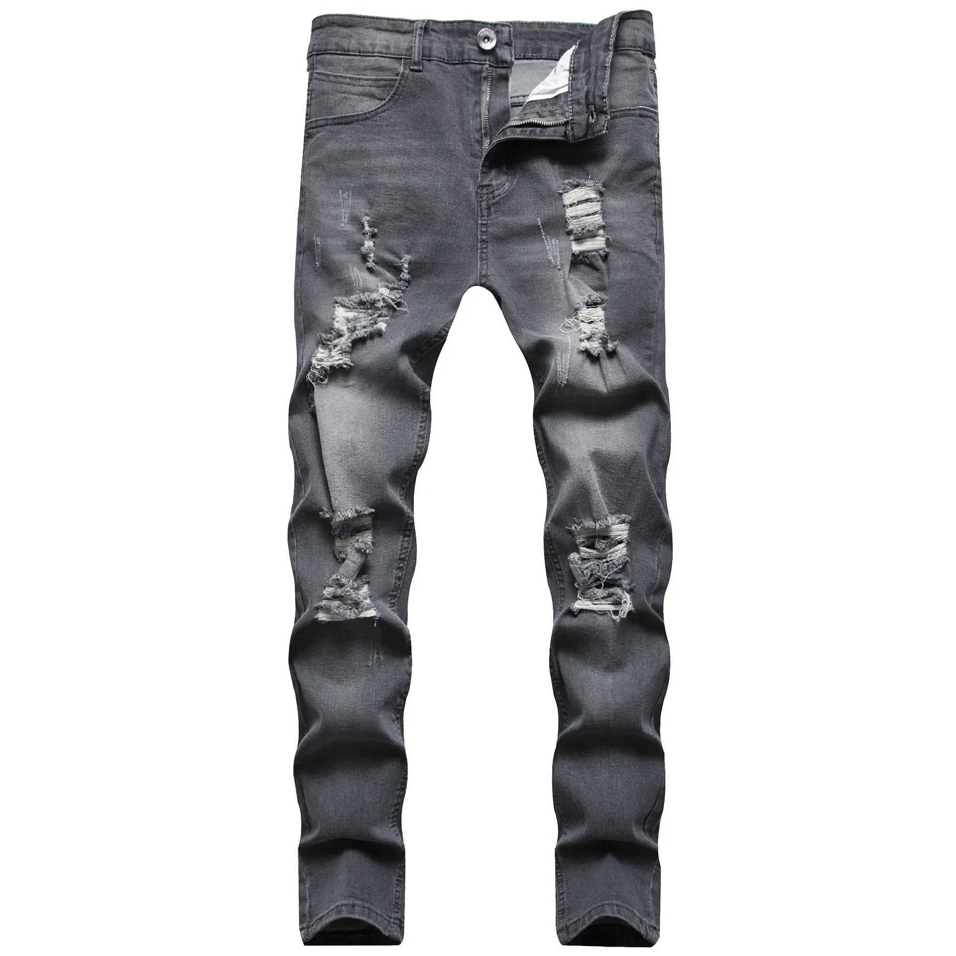 Jeans Men Hole Distressed Pencil Pants Slim Fit Vintage Zipper Fly Pockets Solid Colour Washed Denims Ankle Length Trousers S260924ULCG