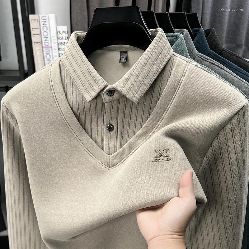 High End Brand Men's Printed Two Piece Long Sleeved Lapel Fashion Thickened Polo Shirt Autumn Winter Business Casual Wear