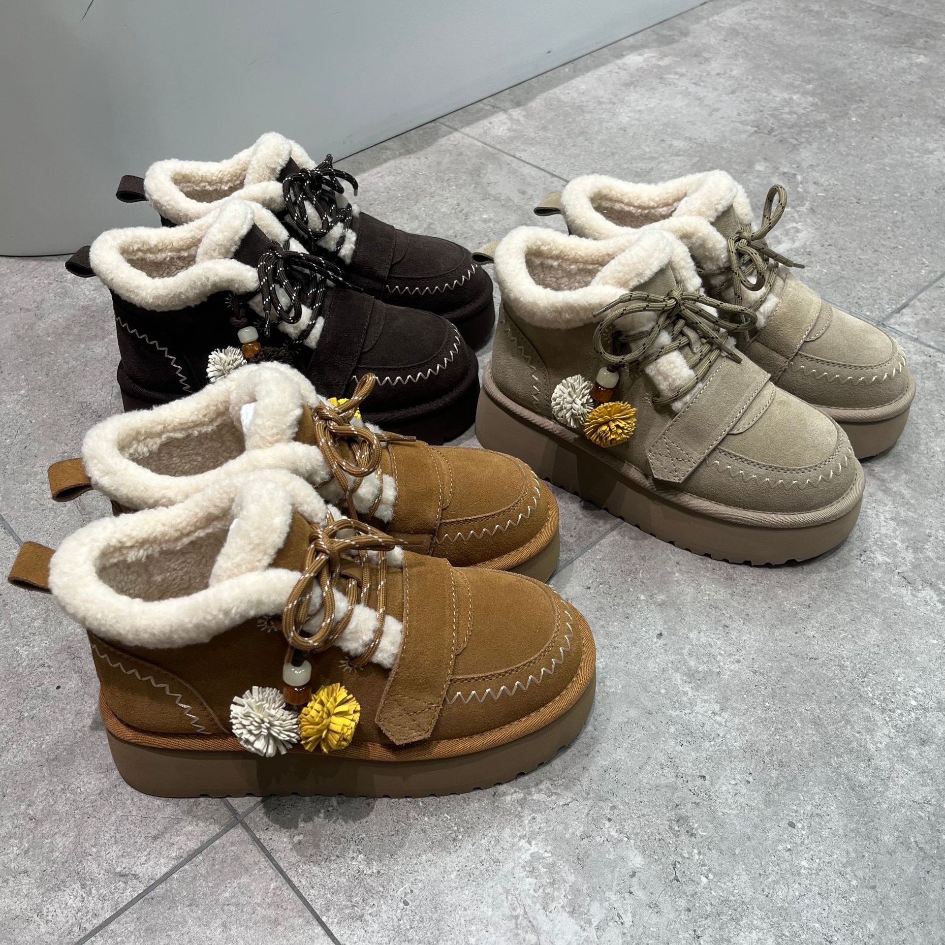 Ankle Boots Women's Winter Snow Boots Thick Sole Furry Shoes Retro Fleece Lined Warm Shoes Lace Up Wool Clown Shoes Casual Cotton Boots for Lad