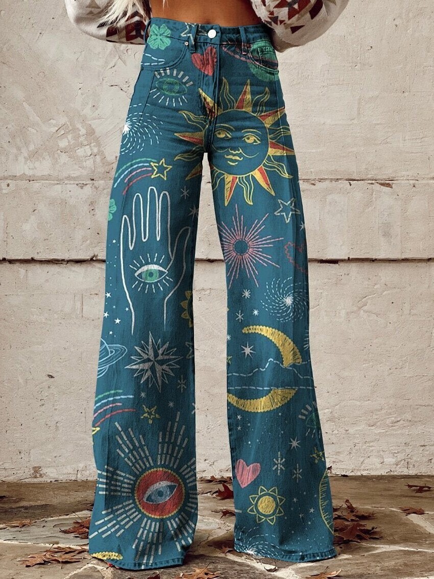 hot-selling 3D digital print faux denim wide-leg women's flared slim-fit long pants, not for individual purchase