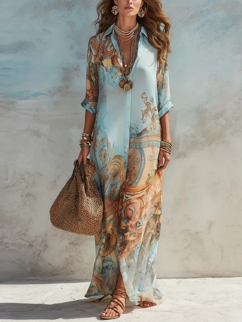 Elegant Shirt Dress for Women Chiffon Digital Print Turndown Collar Single-breasted Dresses Flowy Casual Boho Summer Clothing 260923
