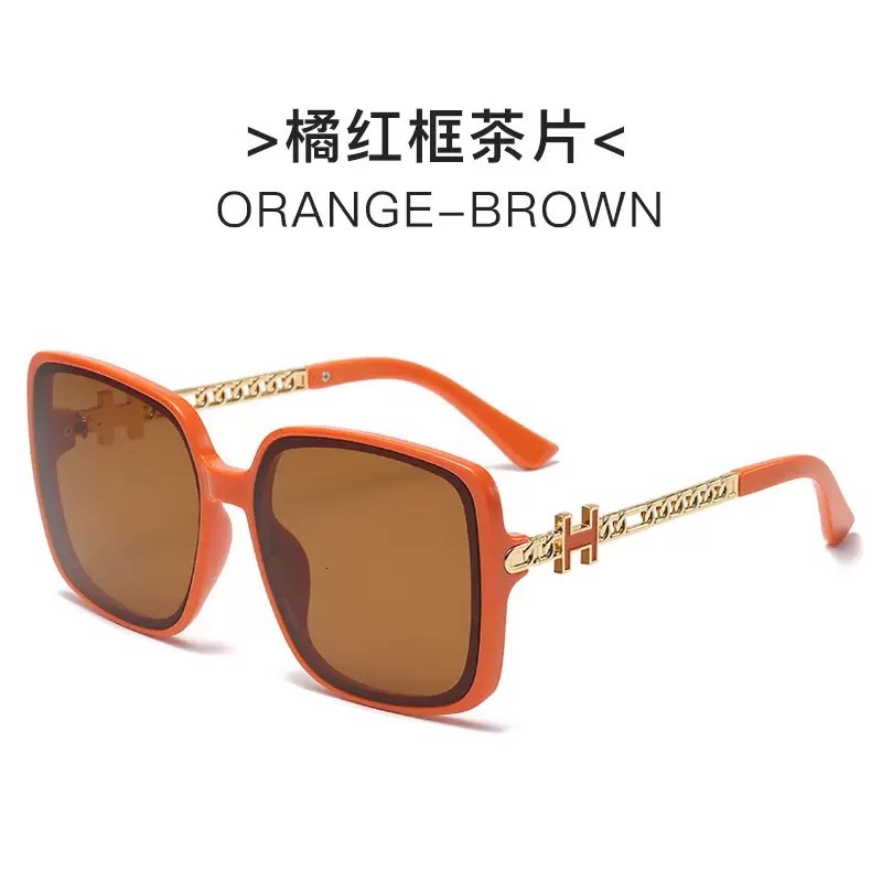 Live-Streaming 2026 Hit: Emma Orange Large-Frame Fashion Sunglasses For Women, Face-Slimming, With Chain Temples And Letter Logo Luxury Brand Design