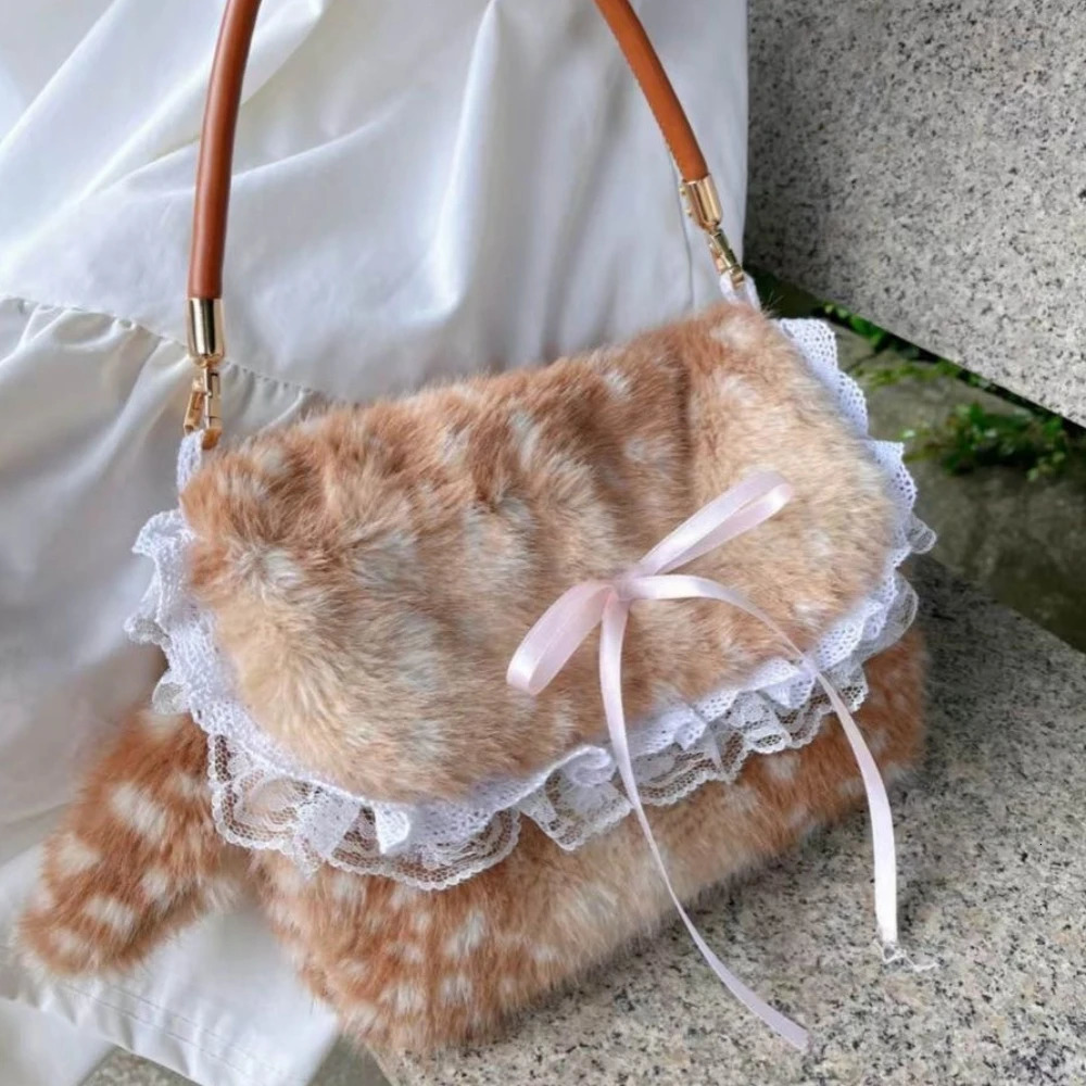 Winter Retro Plush Cute Deer Spotted Fur Storage Bags Versatile Bow Lace Handbag Armpit Bag Y2K Harajuku Decorative Accessories 260924