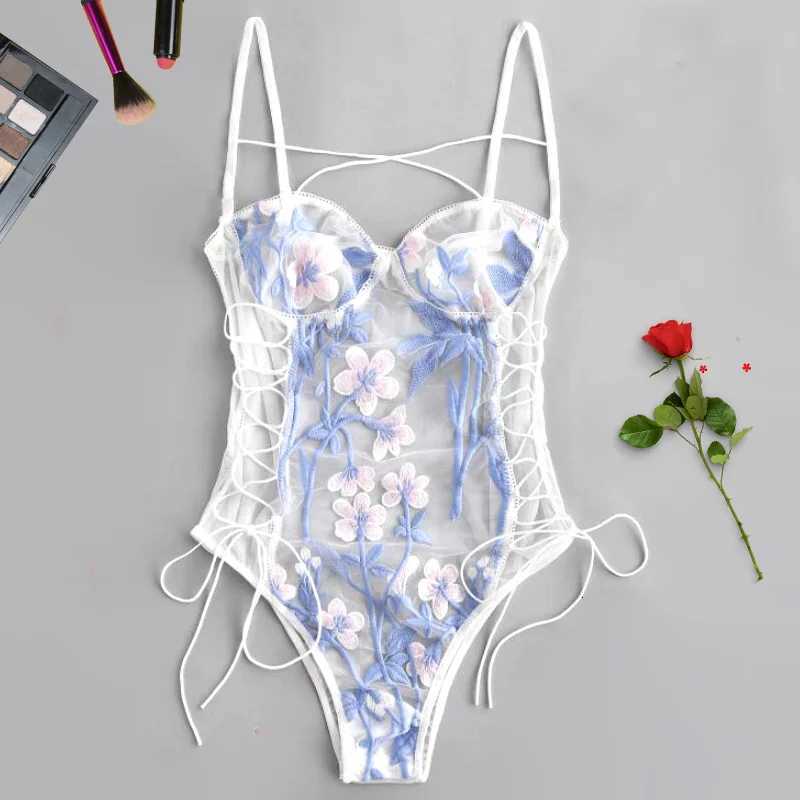 Women's Sleep Lounge Embroidered Women's Lace One-piece Bodysuit Underwear with Spaghetti Strap Open Back Sexy Girl Bra Set Temptation One