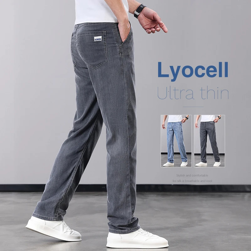 Summer Thin Mens Jeans Lyocell Fabric Soft Breathable Straight Denim Pants Man Elastic Ice Silk Casual Trousers Grey Blue 260907