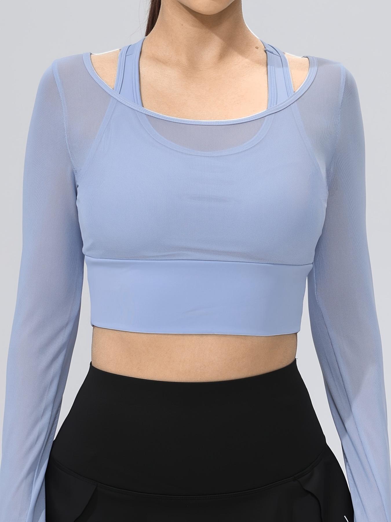 Women's Solid Color Breathable Mesh Bra, Sporty Scoop Neck Crop Sports Top Yoga Gym Workout, Ladies Sportswear for In 26Y0924